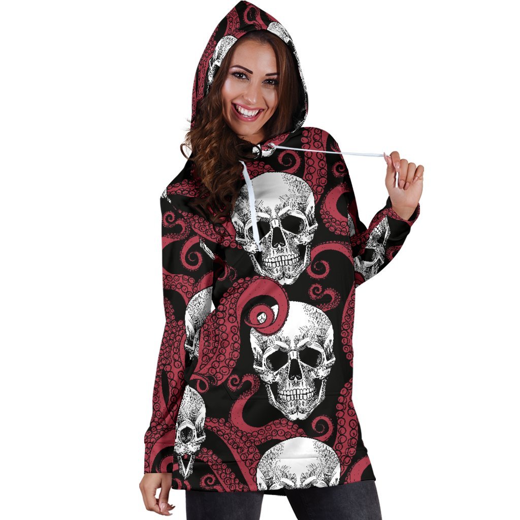 Red Octopus Skull Pattern Print Hoodie Dress GearFrost