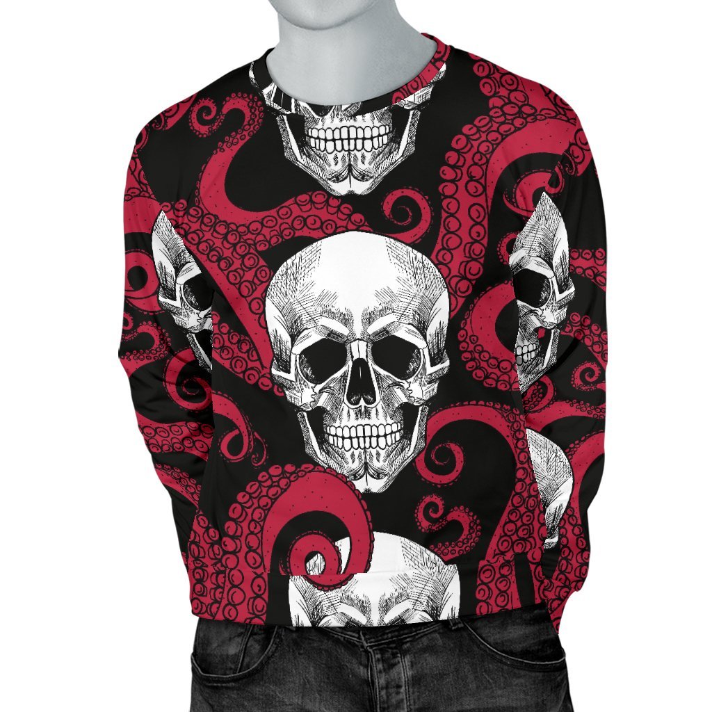 Red Octopus Skull Pattern Print Men's Crewneck Sweatshirt GearFrost