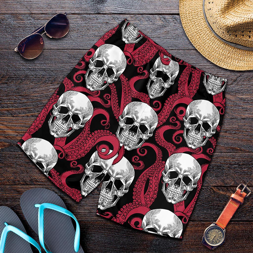 Red Octopus Skull Pattern Print Men's Shorts