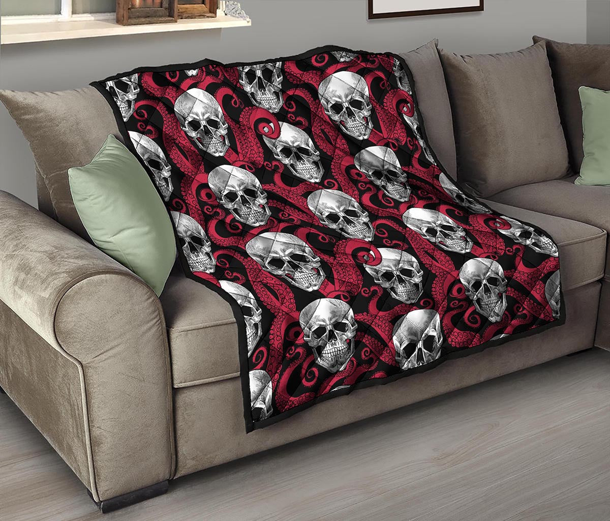 Red Octopus Skull Pattern Print Quilt