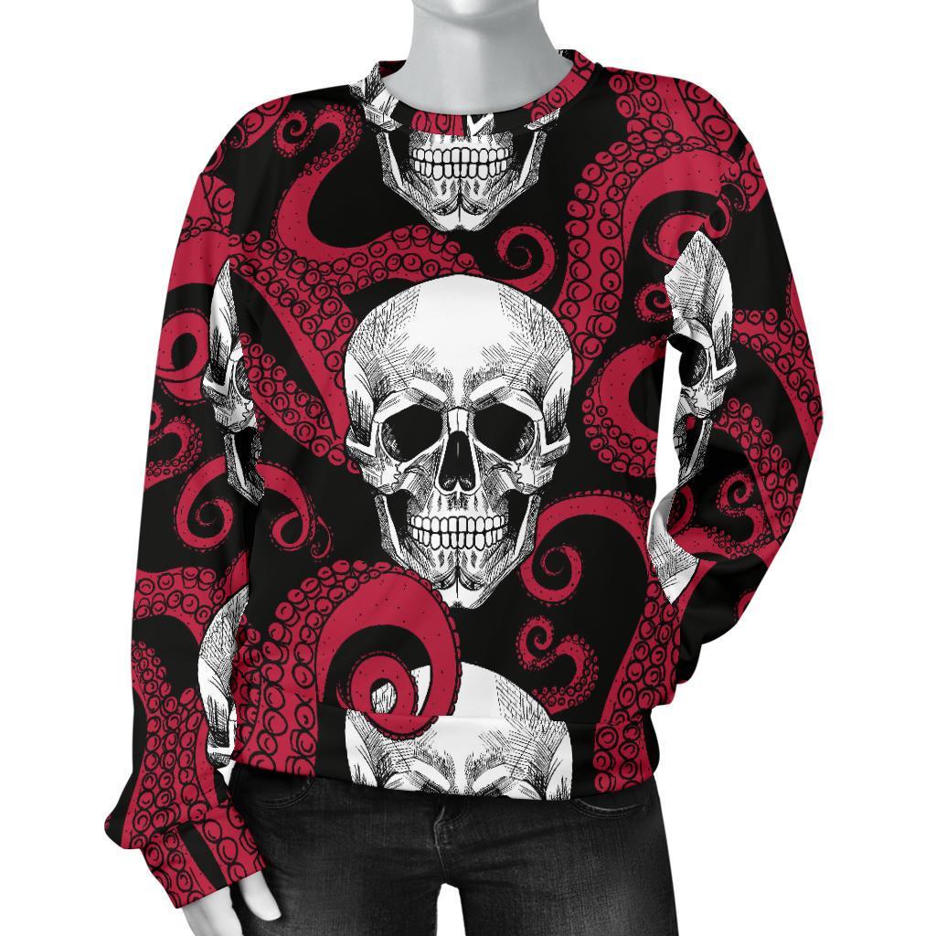 Red Octopus Skull Pattern Print Women's Crewneck Sweatshirt GearFrost