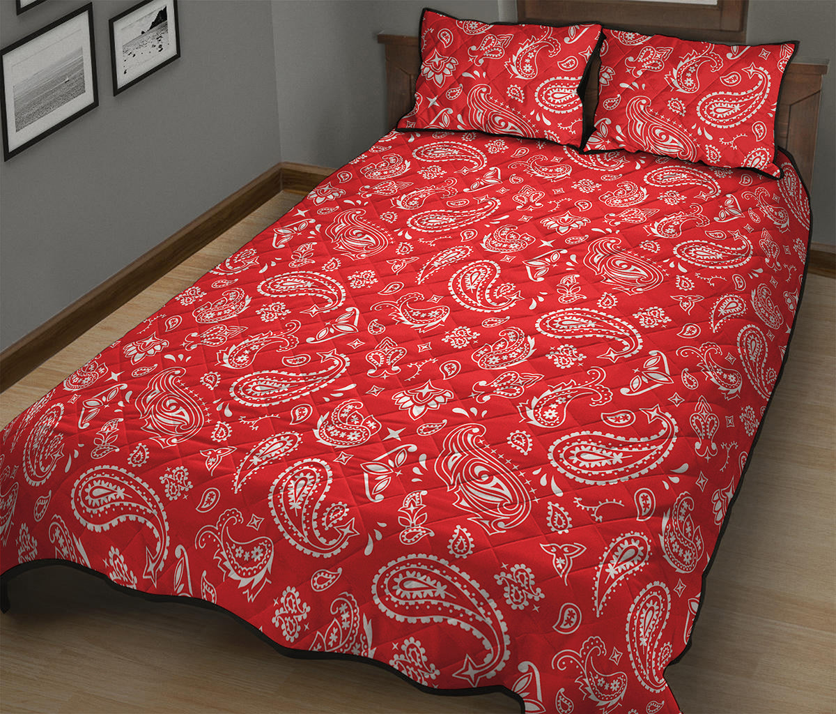Red Paisley Bandana Pattern Print Quilt Bed Set
