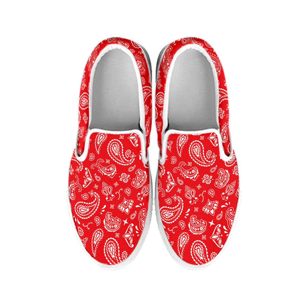 Red Paisley Bandana Pattern Print White Slip On Shoes