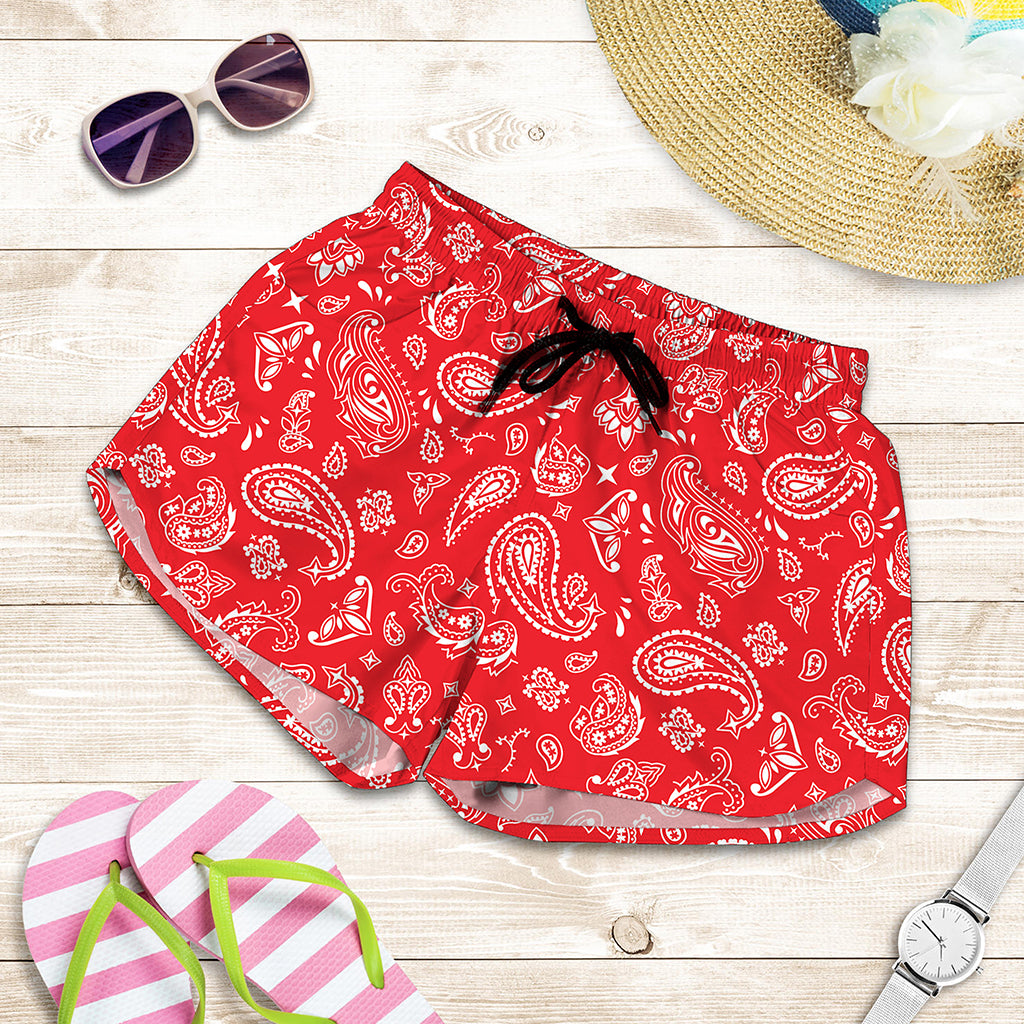 Red Paisley Bandana Pattern Print Women's Shorts