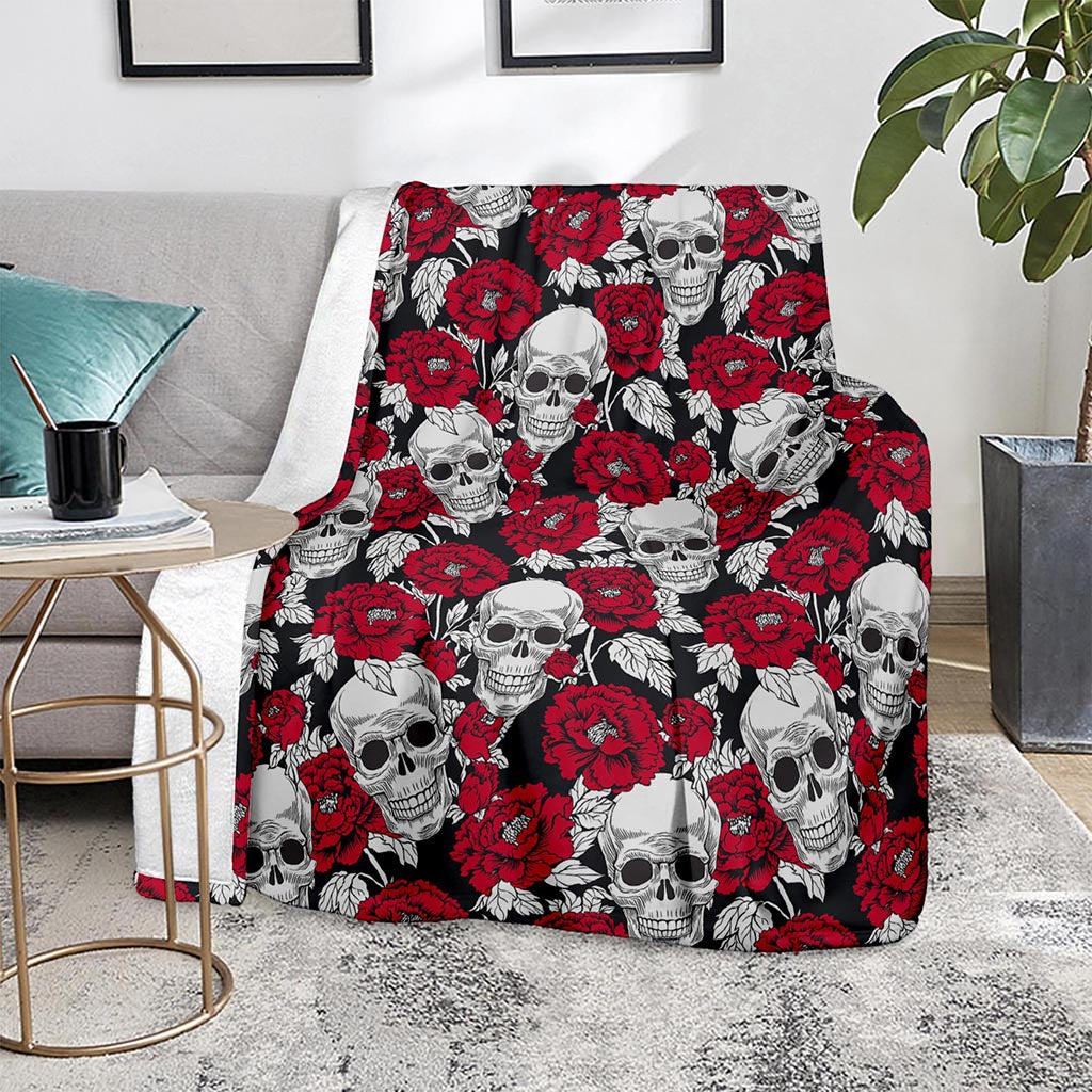 Red Peony Skull Pattern Print Blanket