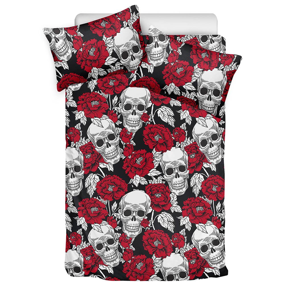 Red Peony Skull Pattern Print Duvet Cover Bedding Set