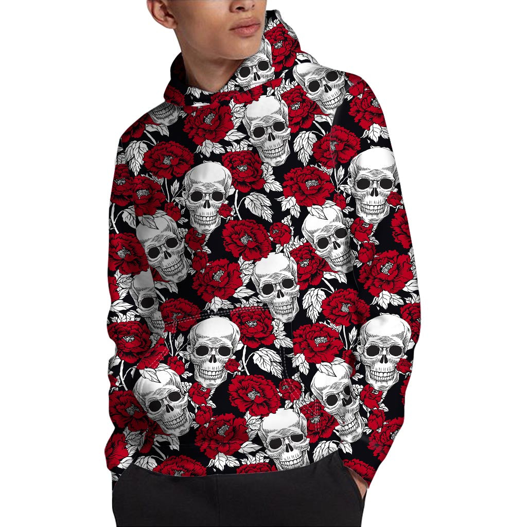 Red Peony Skull Pattern Print Pullover Hoodie