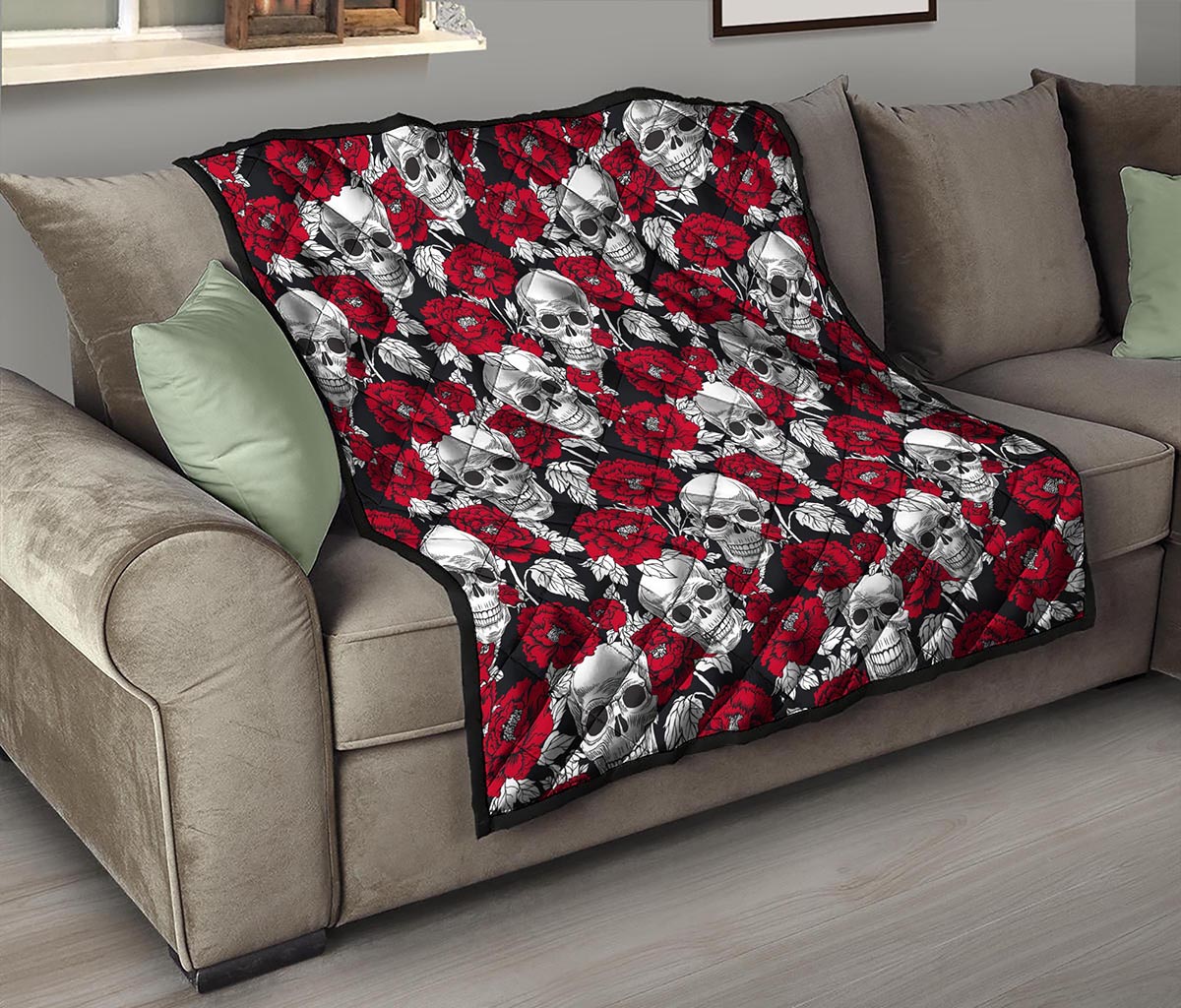 Red Peony Skull Pattern Print Quilt