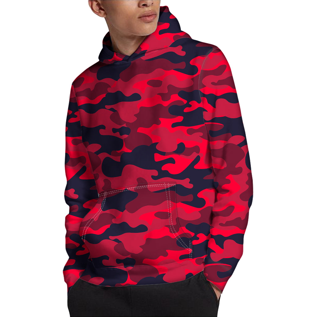 Red Pink And Black Camouflage Print Pullover Hoodie