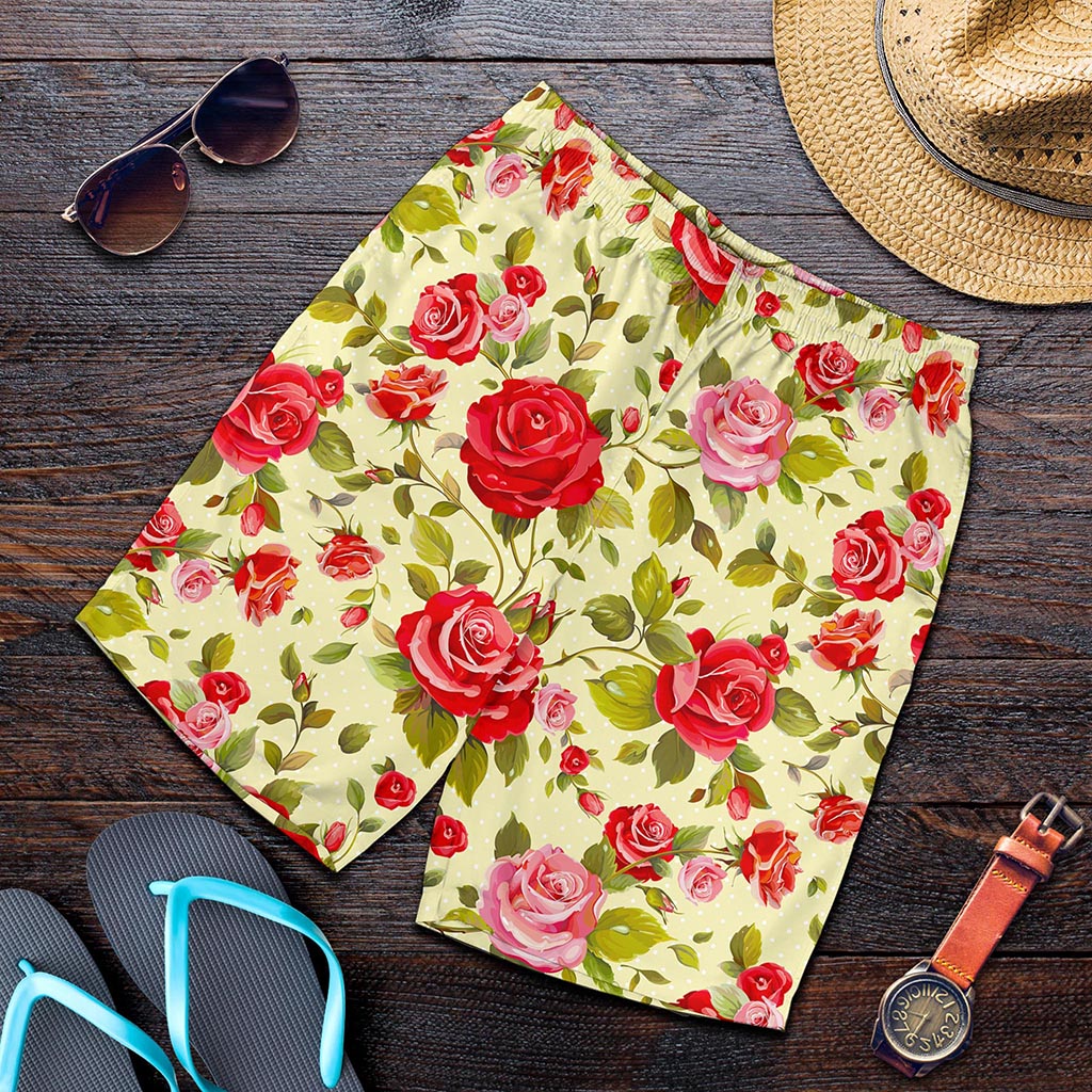 Red Pink Rose Floral Pattern Print Men's Shorts