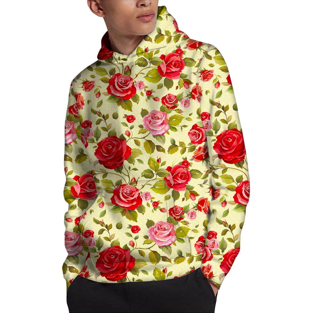 Red Pink Rose Floral Pattern Print Pullover Hoodie