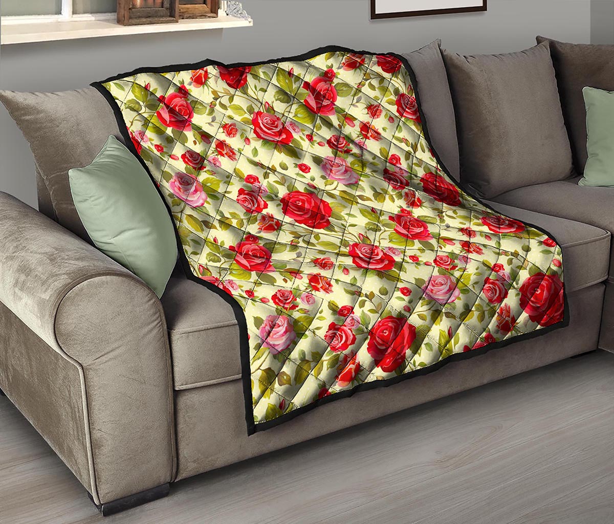 Red Pink Rose Floral Pattern Print Quilt