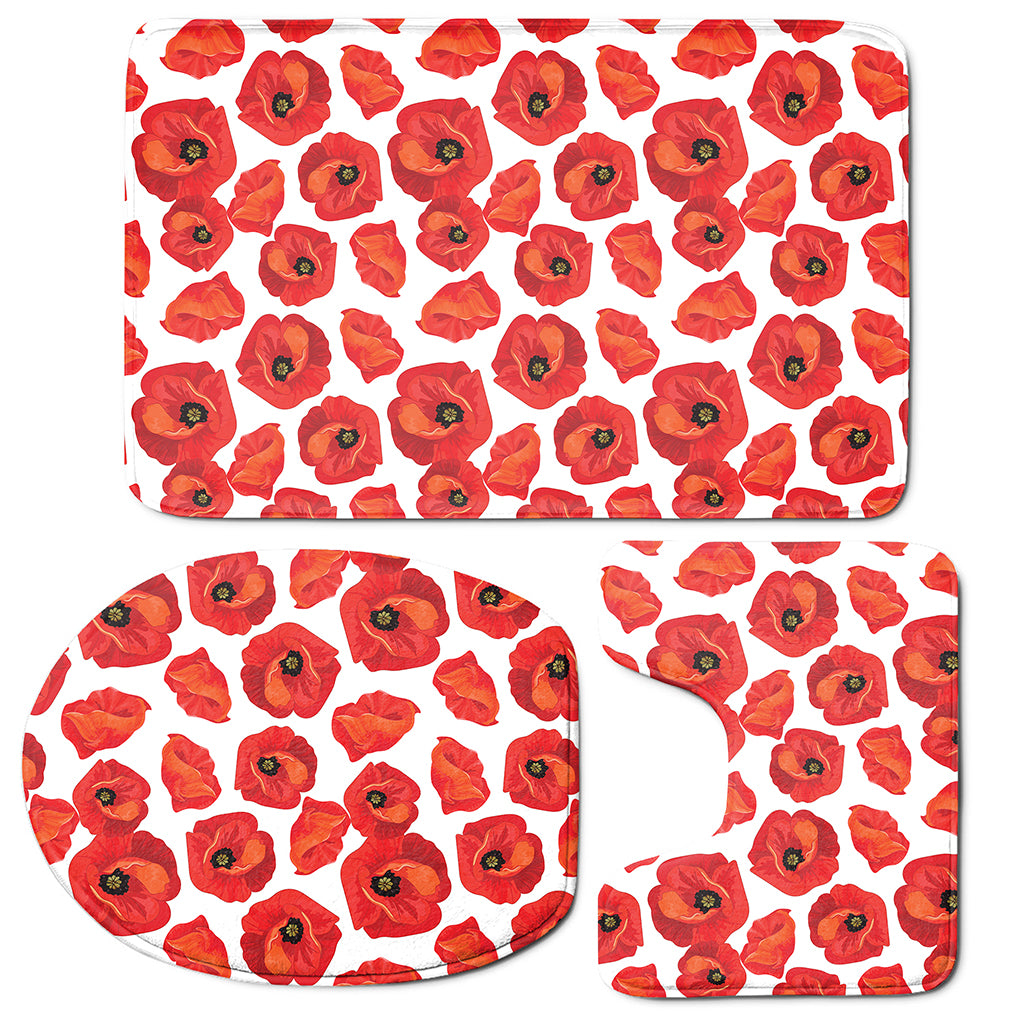 Red Poppy Pattern Print 3 Piece Bath Mat Set