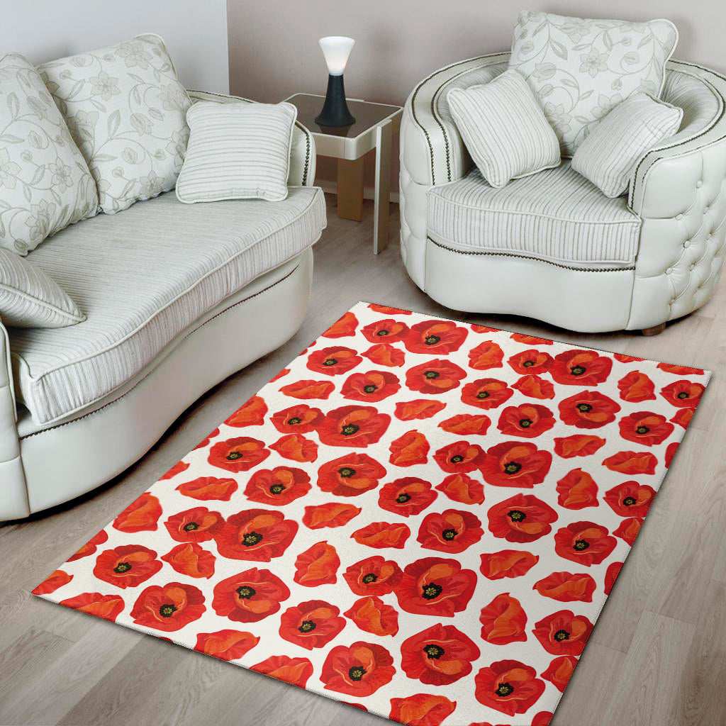 Red Poppy Pattern Print Area Rug