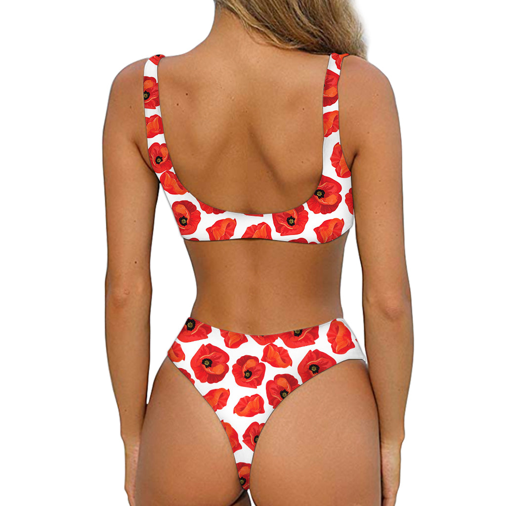 Red Poppy Pattern Print Front Bow Tie Bikini