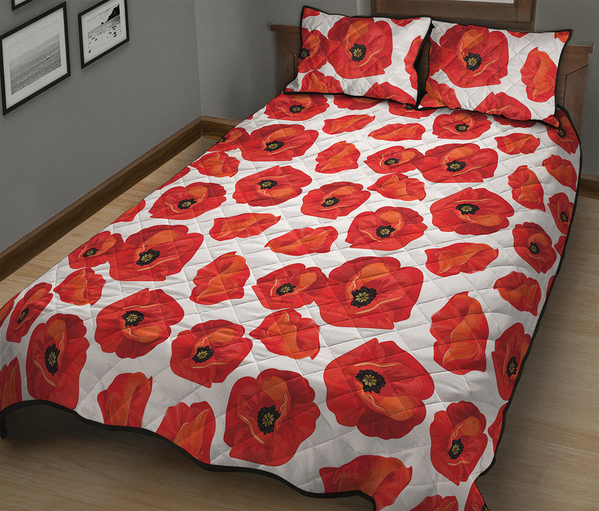 Red Poppy Pattern Print Quilt Bed Set