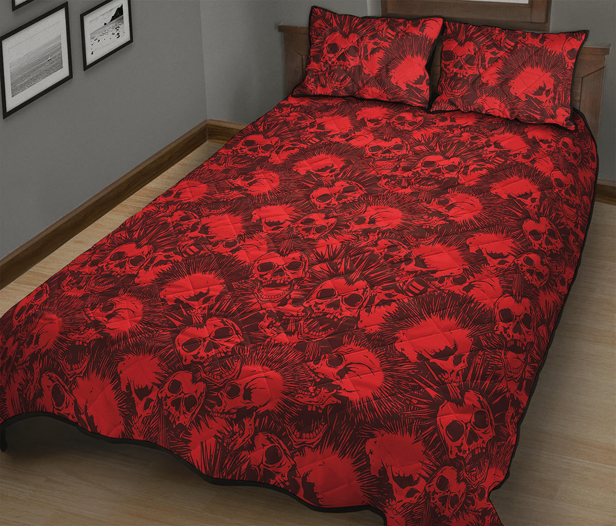 Red Punk Skull Pattern Print Quilt Bed Set