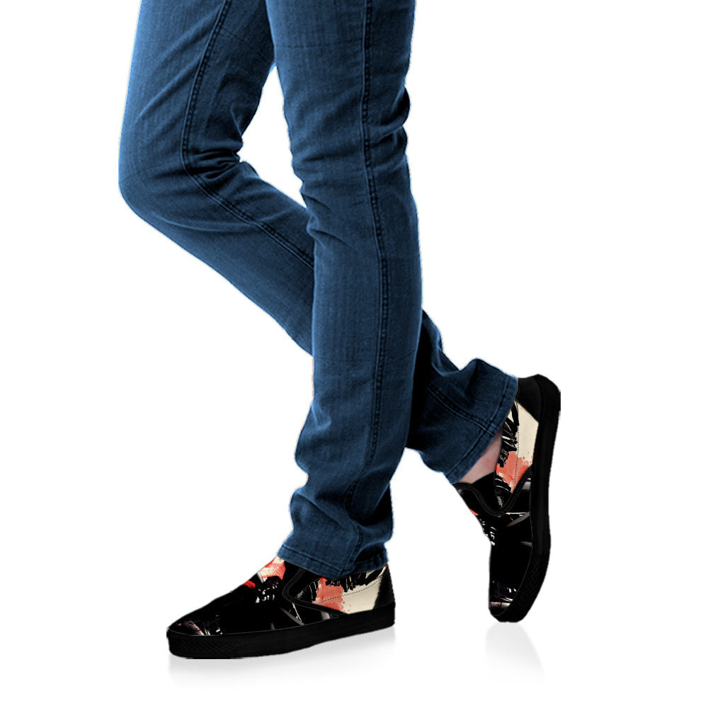 Red Rising Sun Samurai Print Black Slip On Shoes