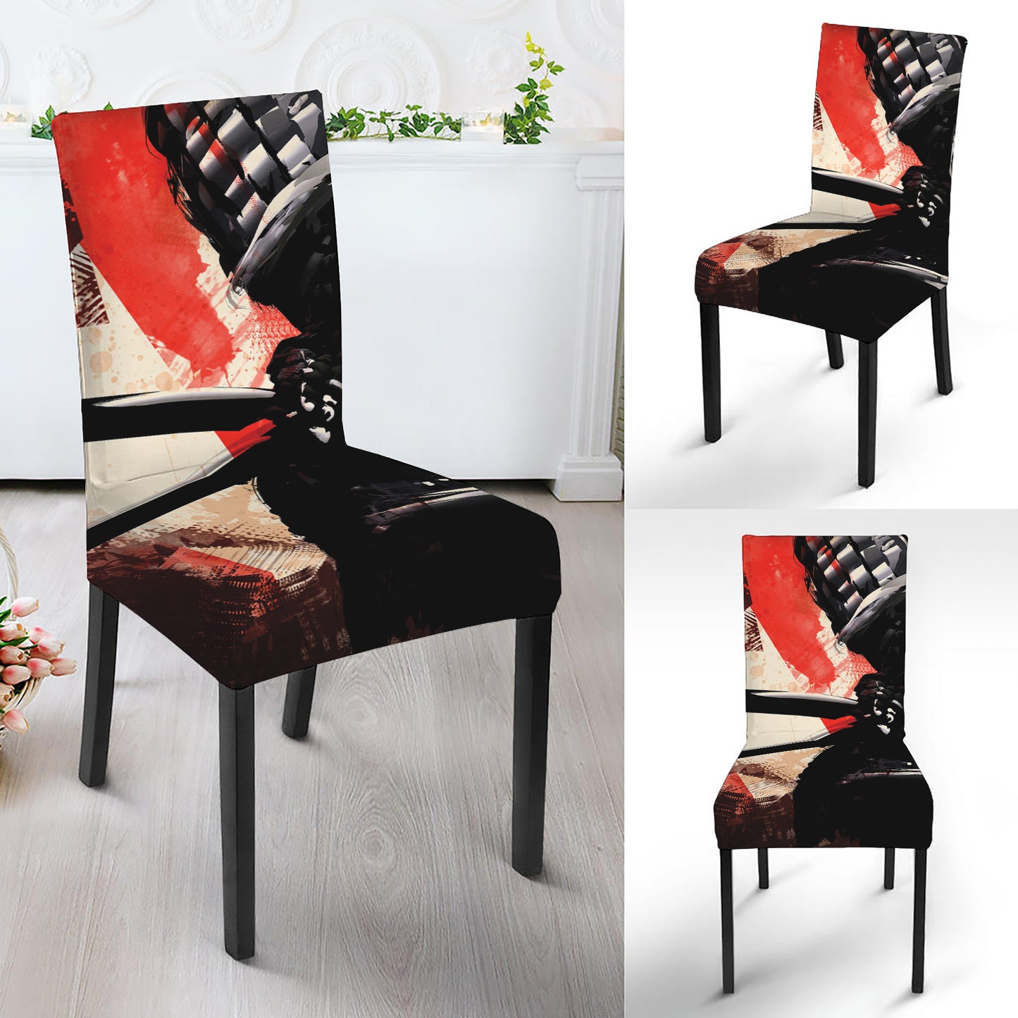 Red Rising Sun Samurai Print Dining Chair Slipcover