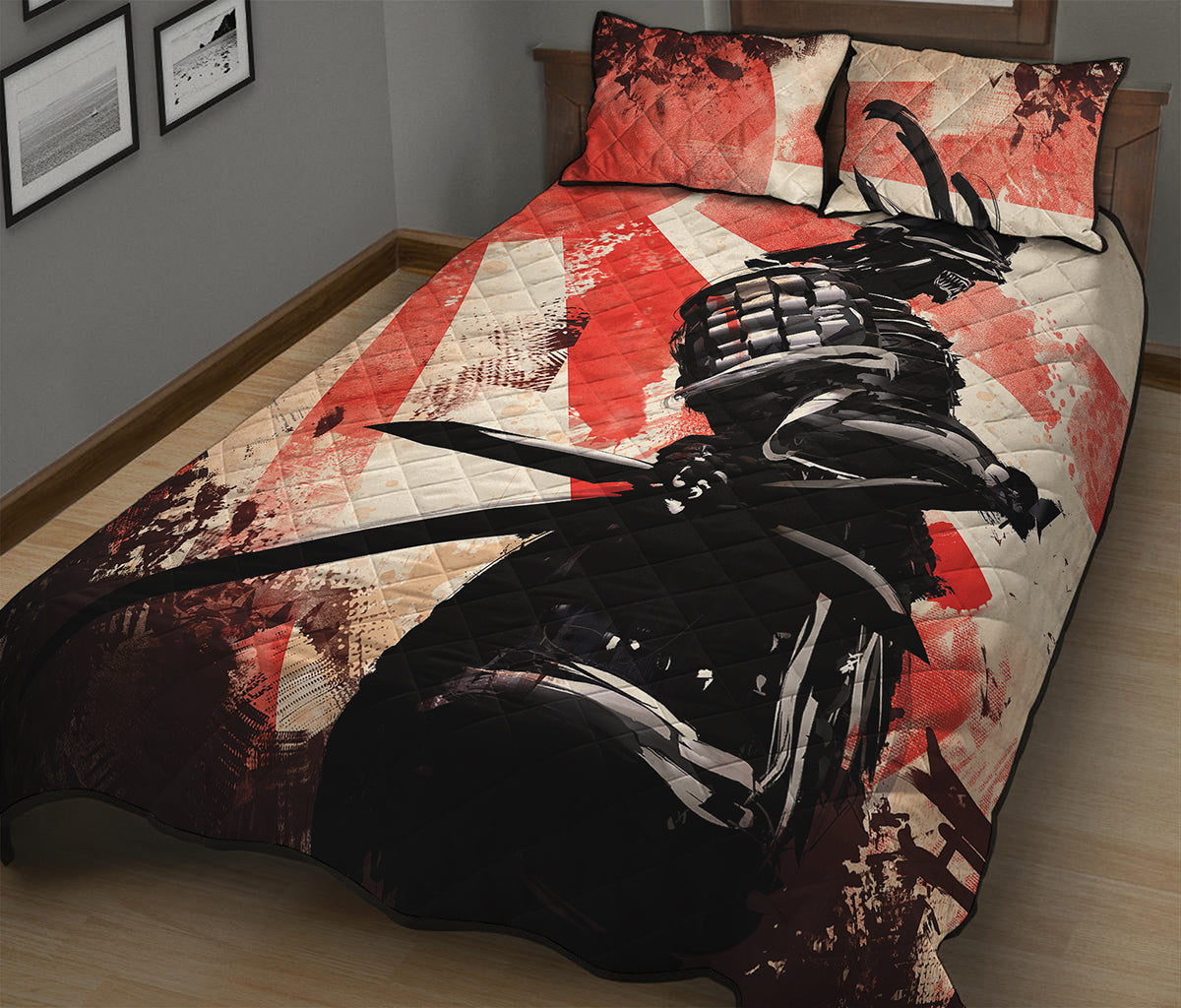 Red Rising Sun Samurai Print Quilt Bed Set