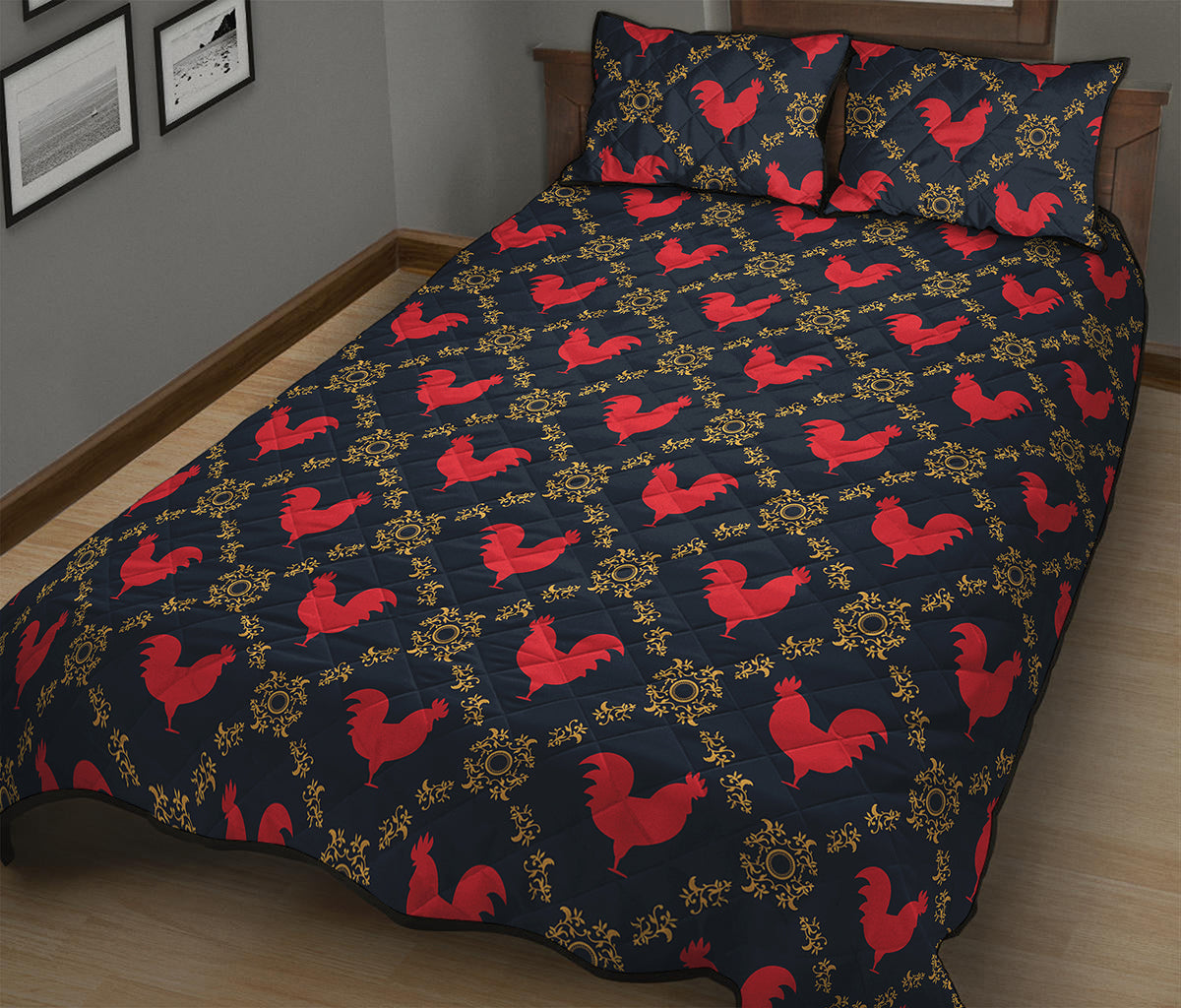 Red Rooster Pattern Print Quilt Bed Set