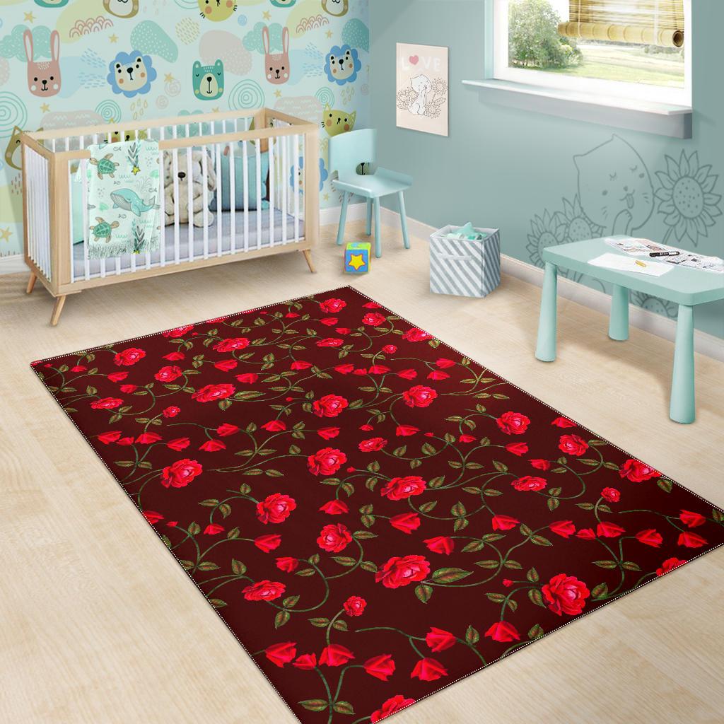 Red Rose Floral Flower Pattern Print Area Rug GearFrost