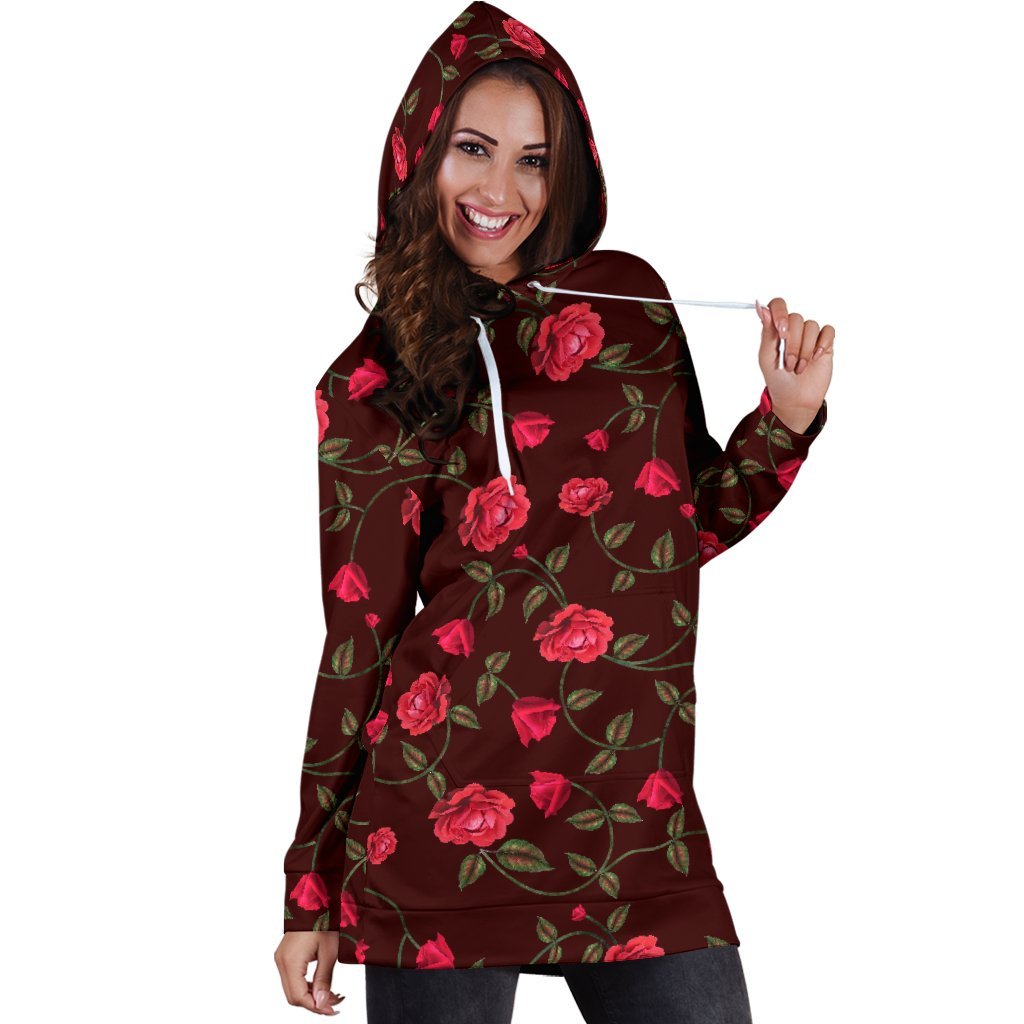Red Rose Floral Flower Pattern Print Hoodie Dress GearFrost