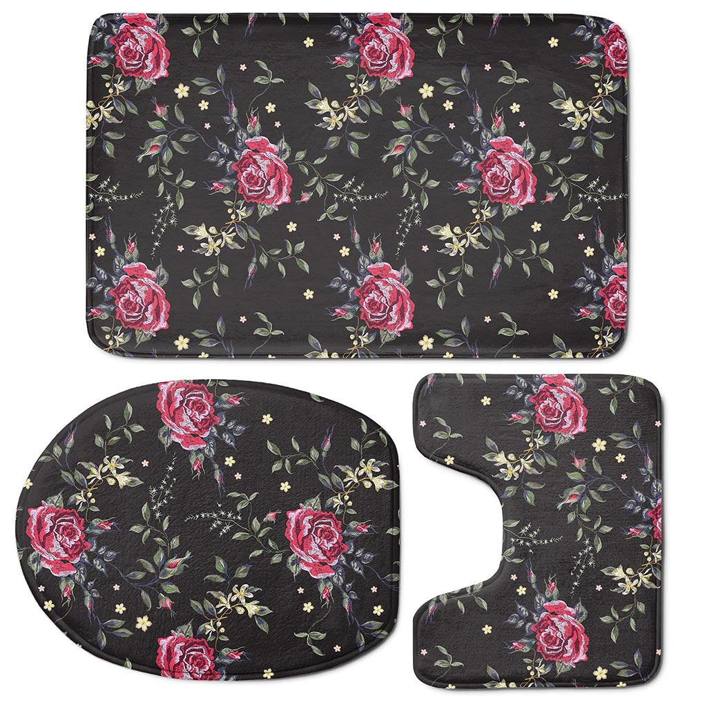 Red Rose Floral Pattern Print 3 Piece Bath Mat Set