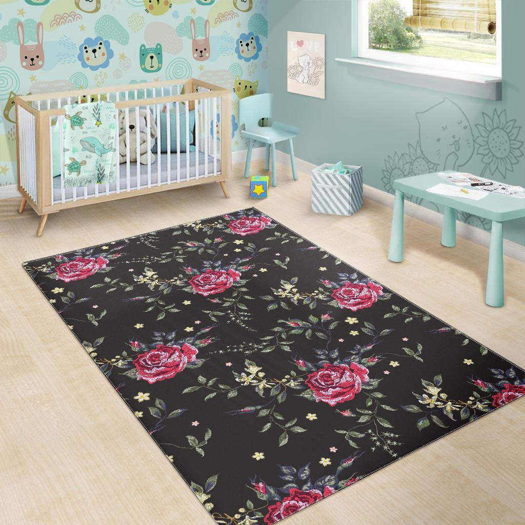 Red Rose Floral Pattern Print Area Rug GearFrost