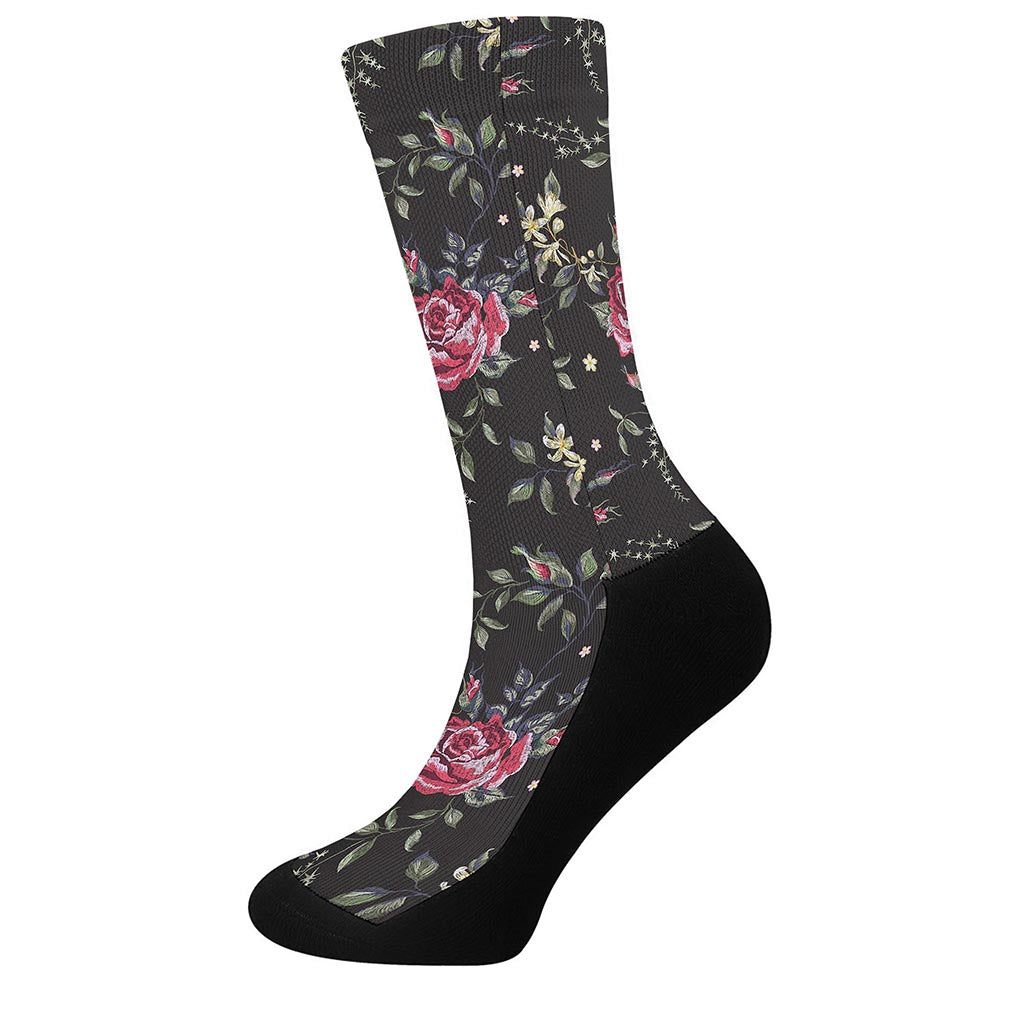 Red Rose Floral Pattern Print Crew Socks