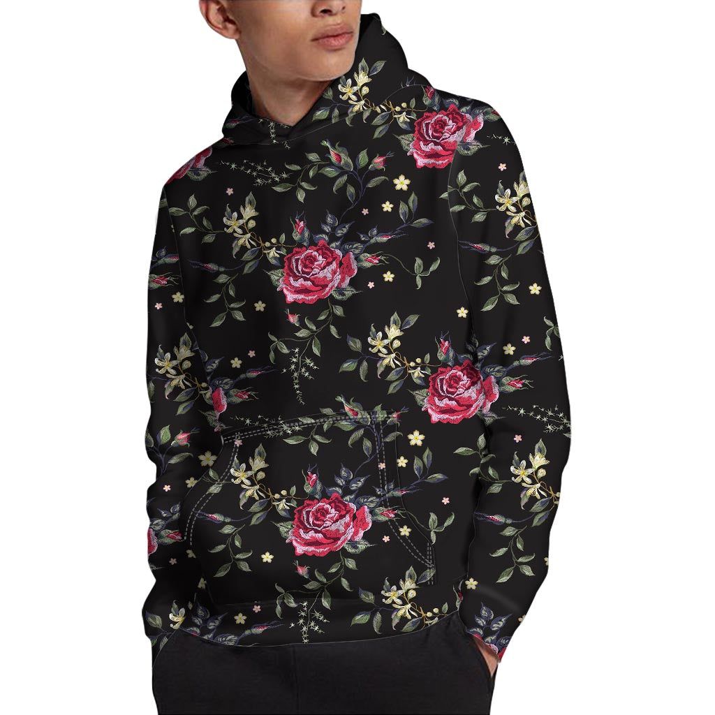 Red Rose Floral Pattern Print Pullover Hoodie