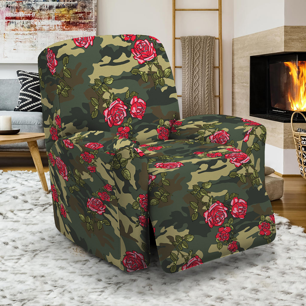 Red Rose Flower Camouflage Print Recliner Slipcover GearFrost