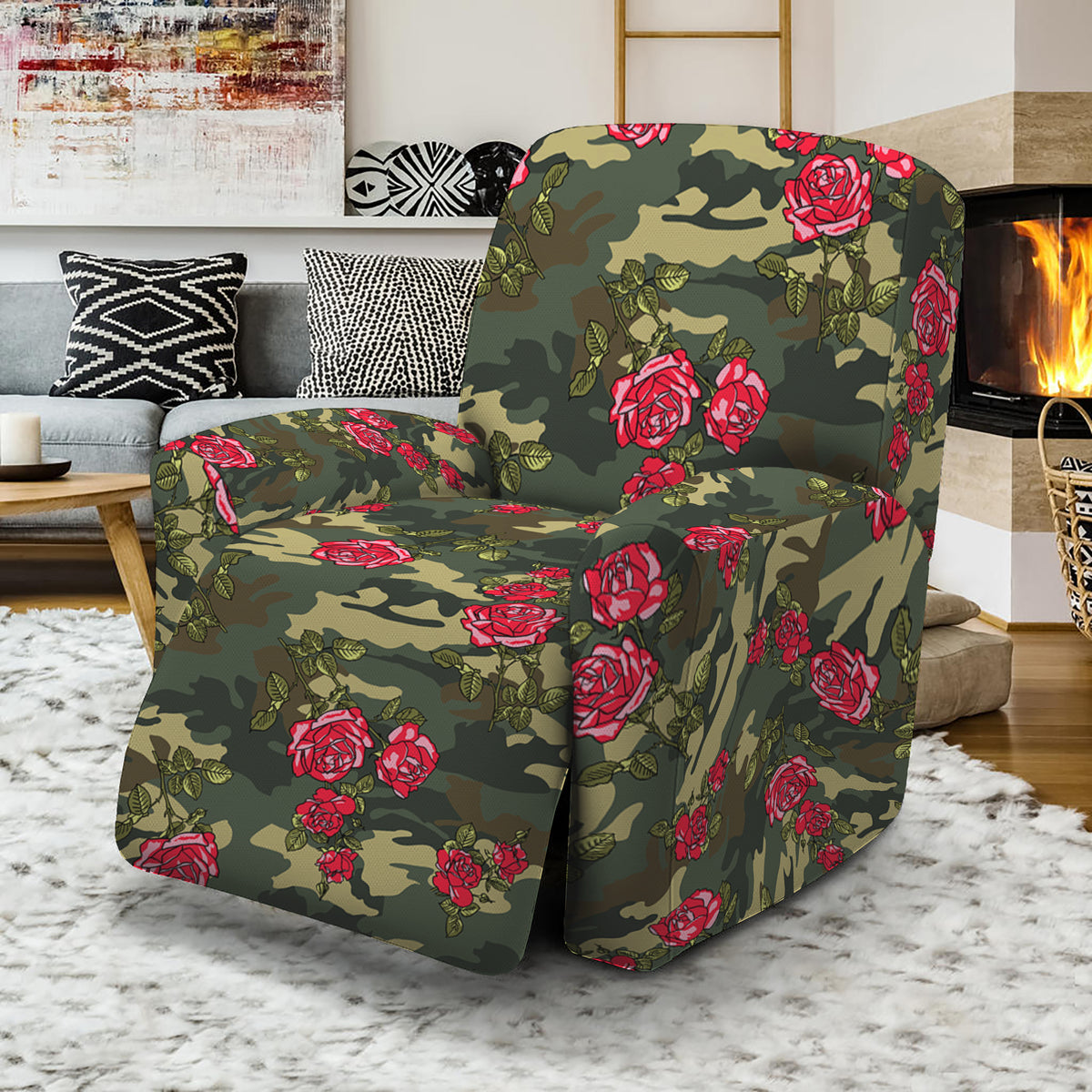 Red Rose Flower Camouflage Print Recliner Slipcover GearFrost