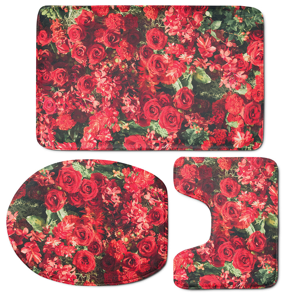 Red Rose Flower Print 3 Piece Bath Mat Set