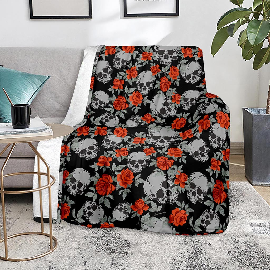 Red Rose Grey Skull Pattern Print Blanket