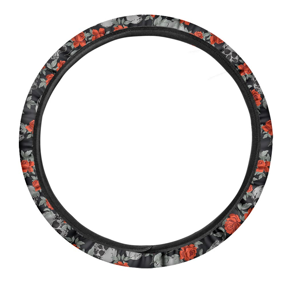 Red Rose Grey Skull Pattern Print Car Steering Wheel Cover