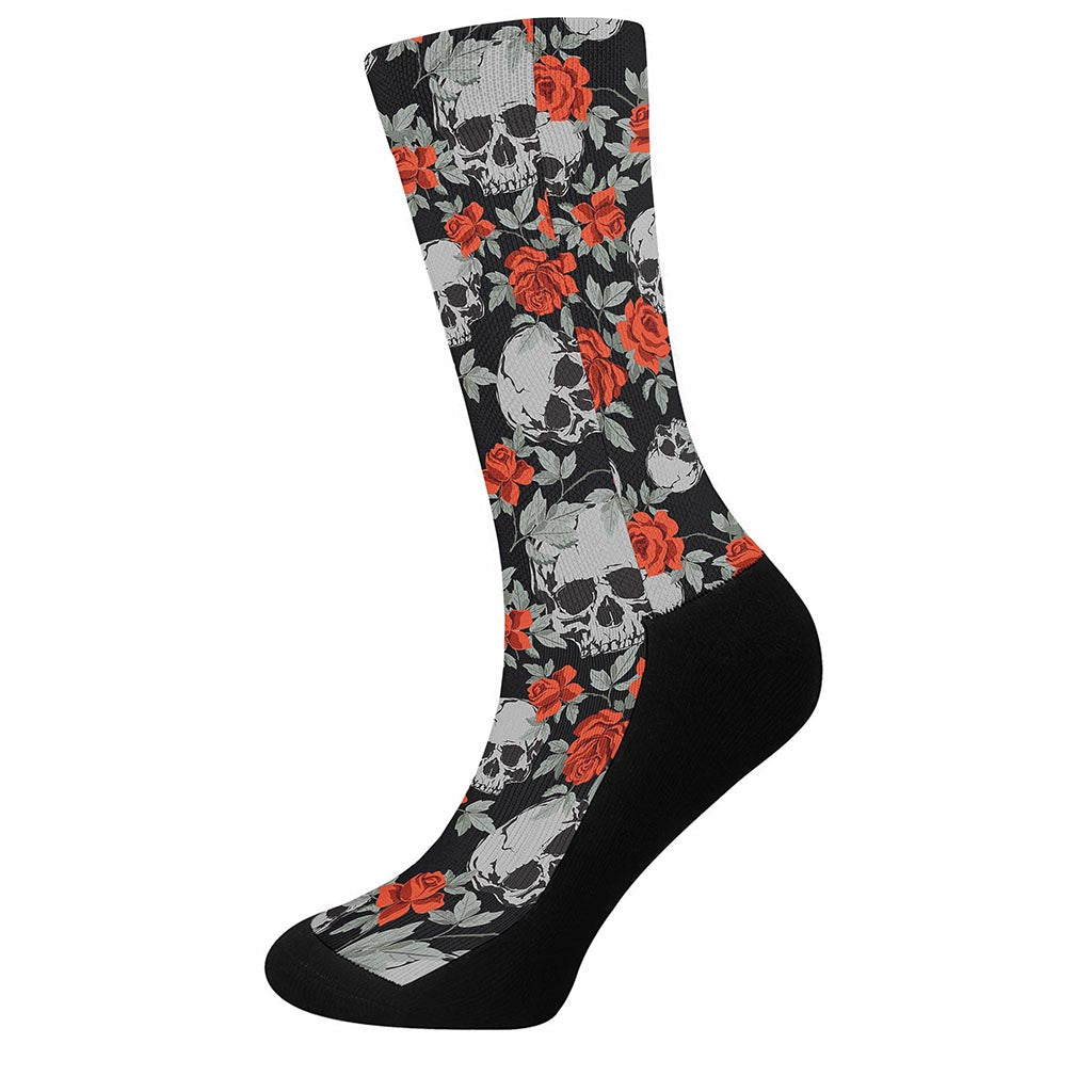 Red Rose Grey Skull Pattern Print Crew Socks
