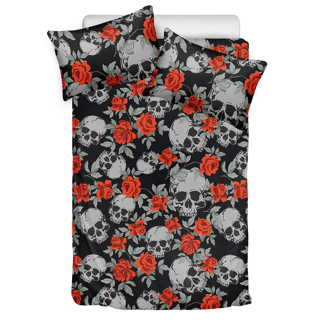 Red Rose Grey Skull Pattern Print Duvet Cover Bedding Set