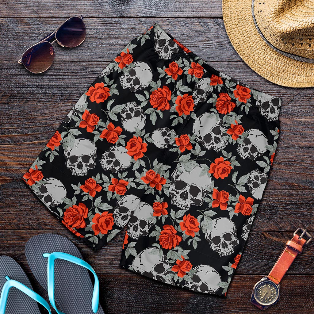 Red Rose Grey Skull Pattern Print Men's Shorts