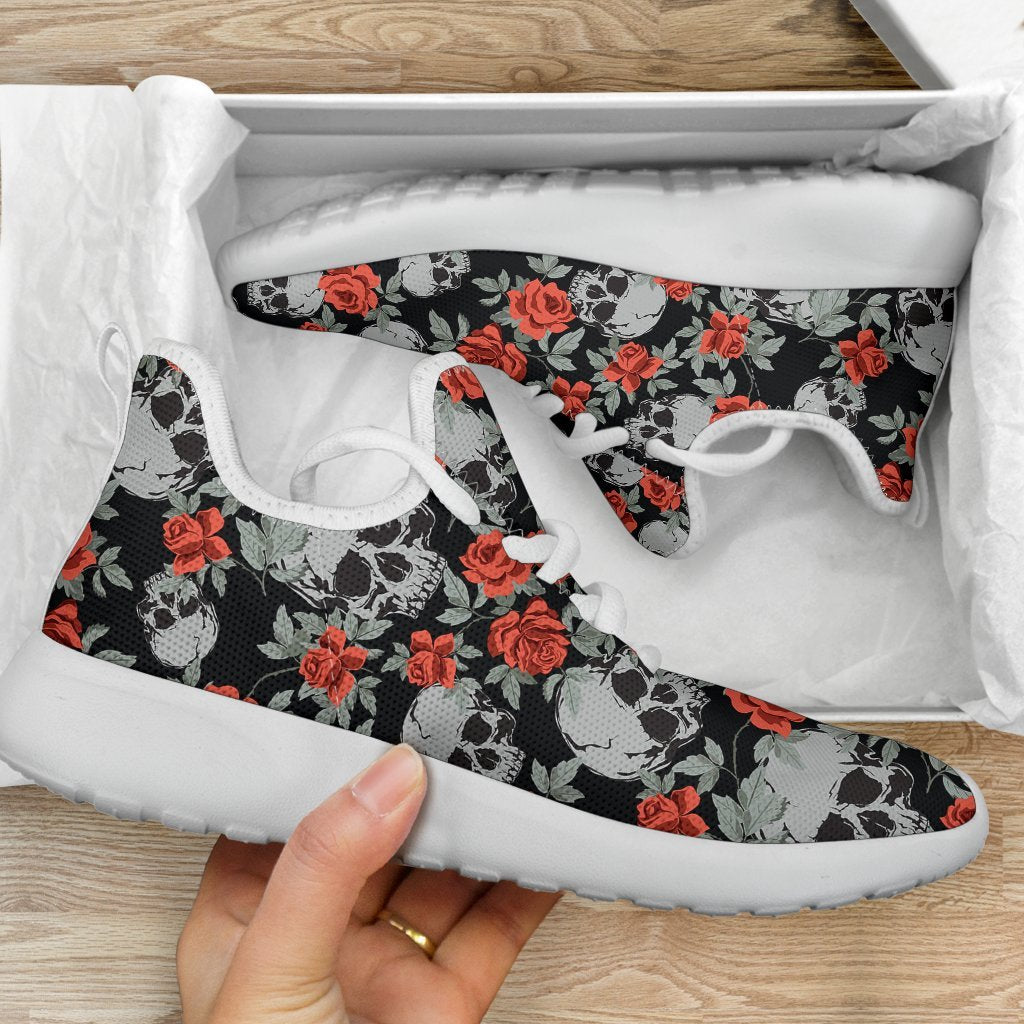 Red Rose Grey Skull Pattern Print Mesh Knit Shoes GearFrost