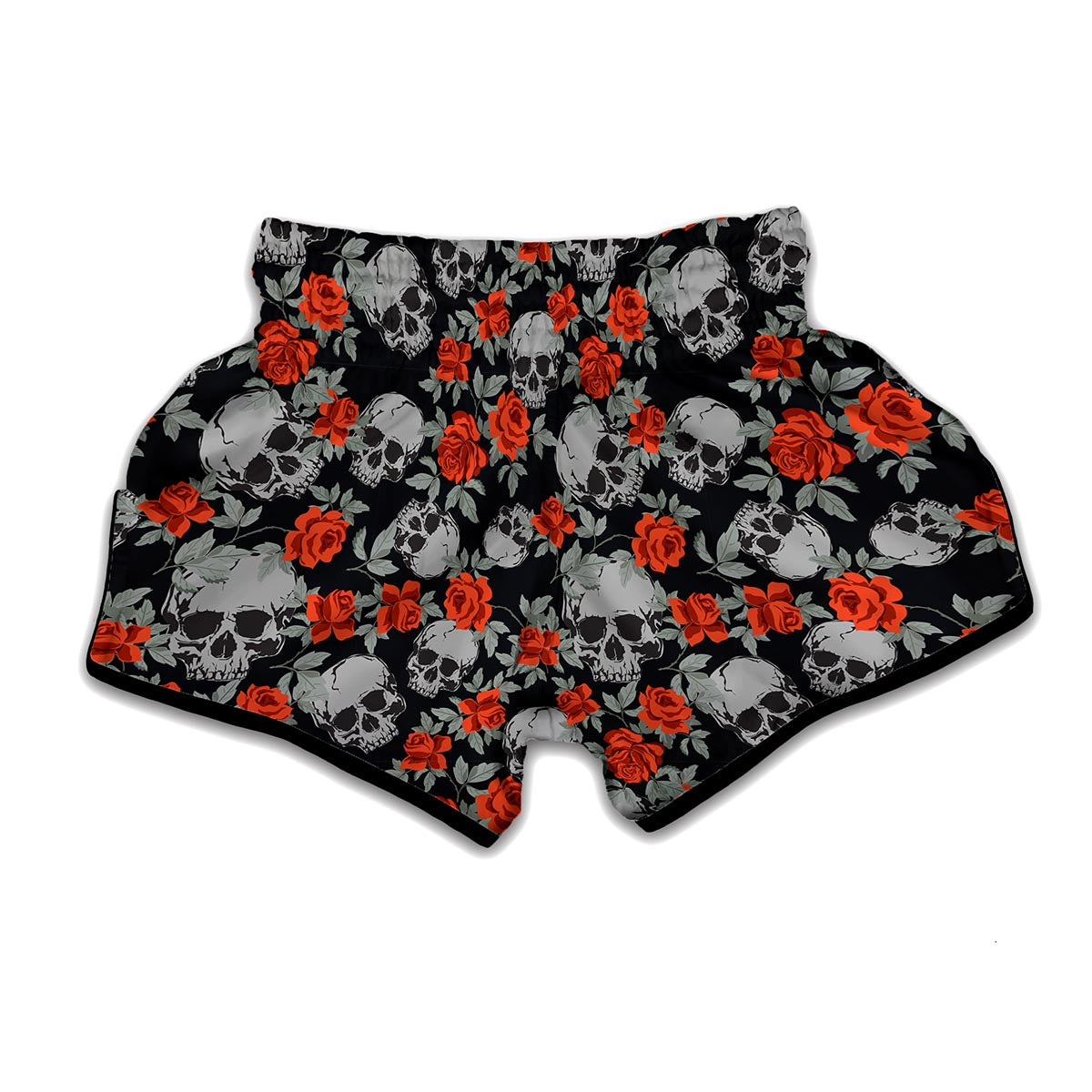 Red Rose Grey Skull Pattern Print Muay Thai Boxing Shorts