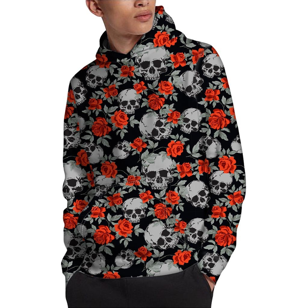 Red Rose Grey Skull Pattern Print Pullover Hoodie