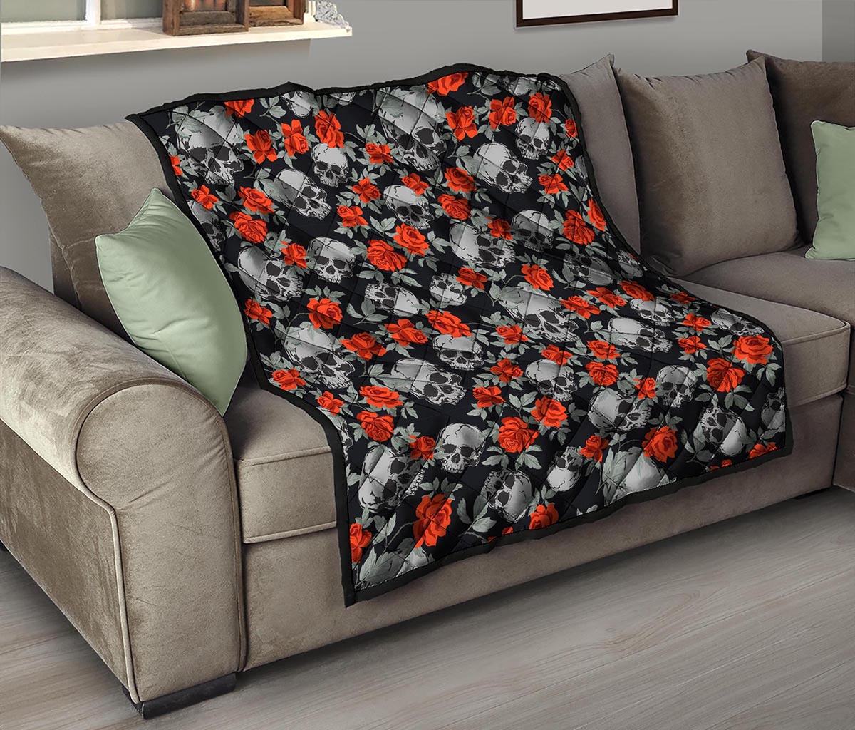 Red Rose Grey Skull Pattern Print Quilt