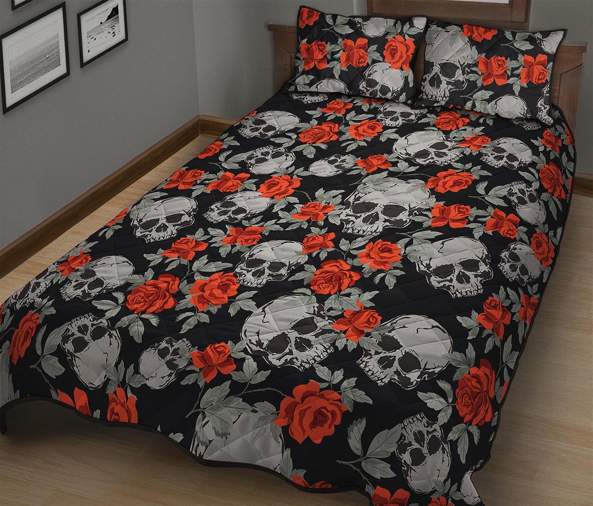 Red Rose Grey Skull Pattern Print Quilt Bed Set
