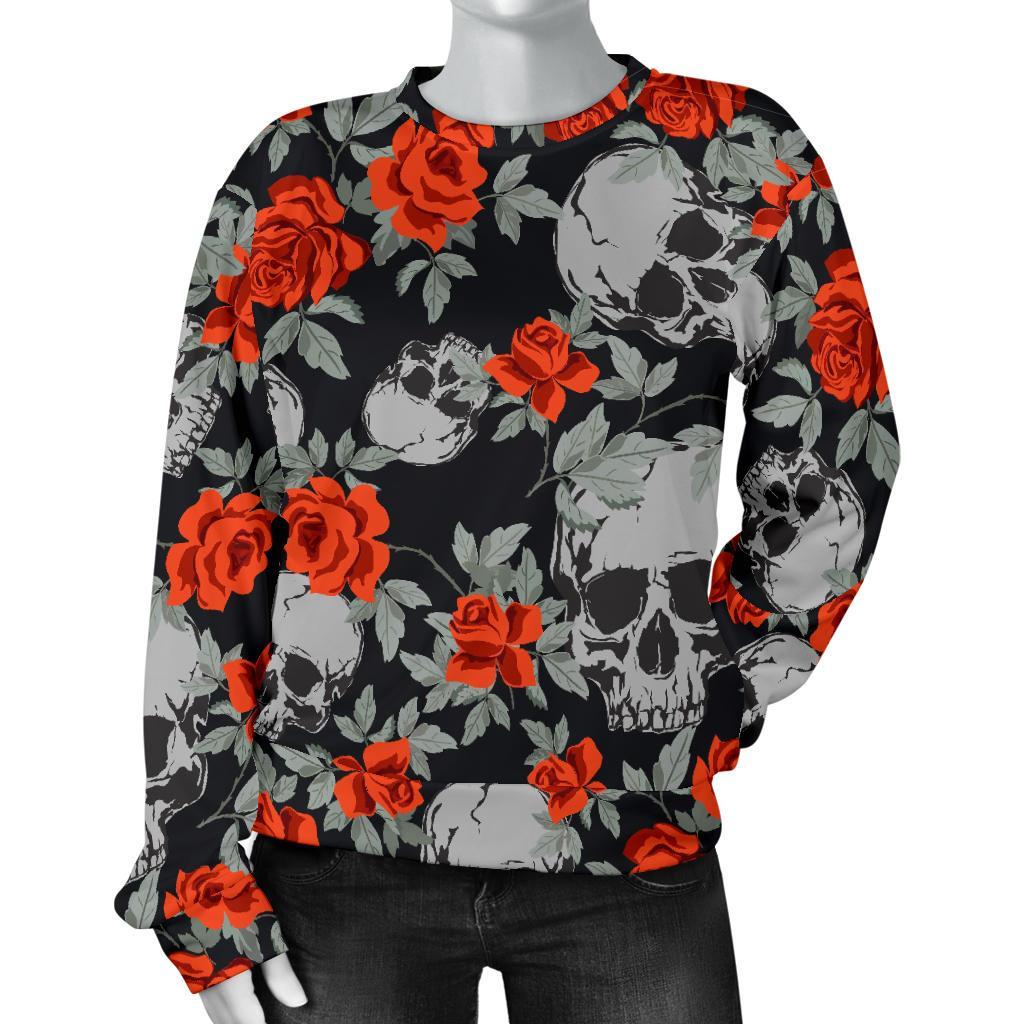 Red Rose Grey Skull Pattern Print Women's Crewneck Sweatshirt GearFrost