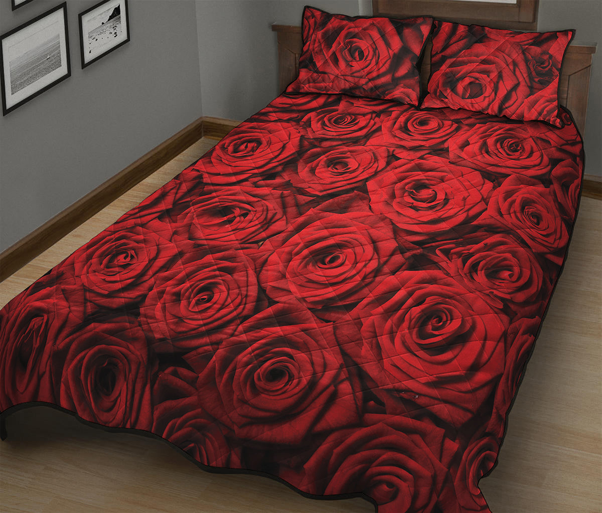 Red Rose Print Quilt Bed Set