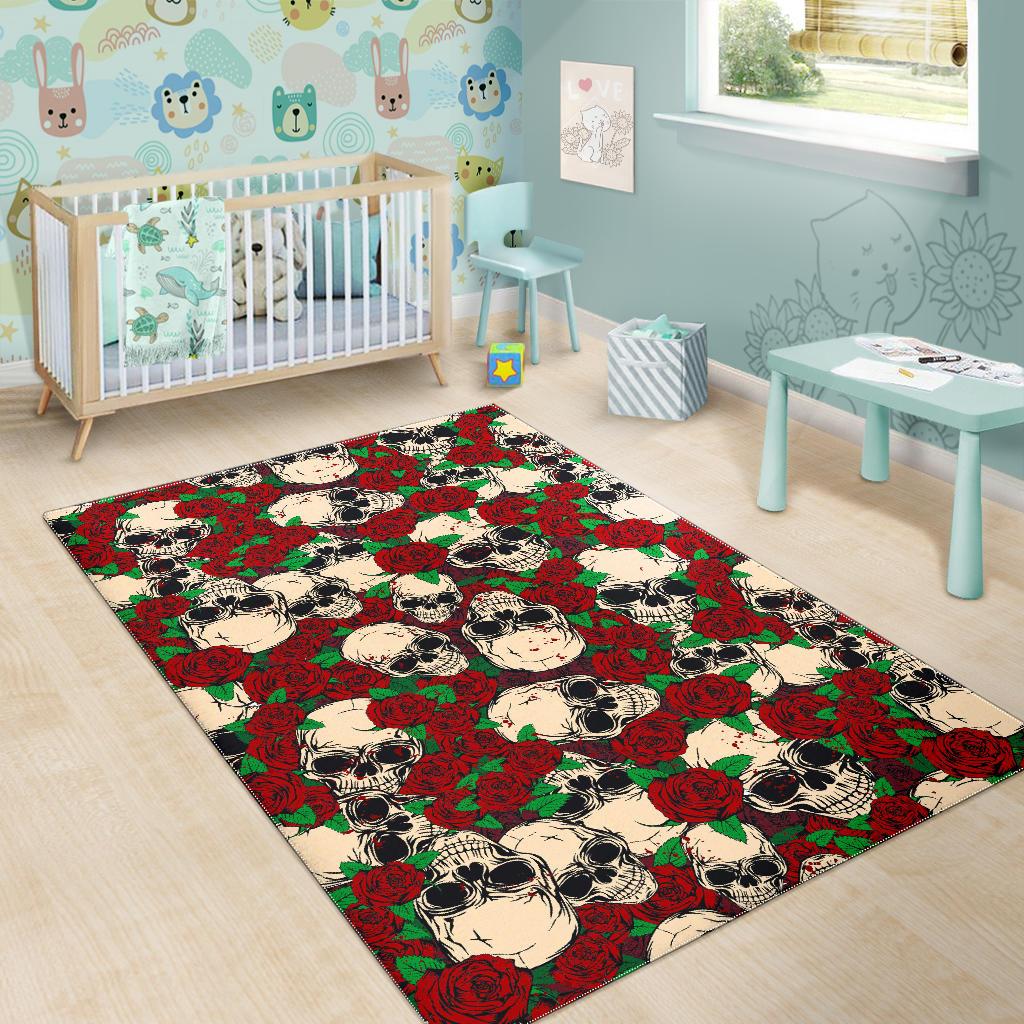 Red Rose Skull Pattern Print Area Rug GearFrost