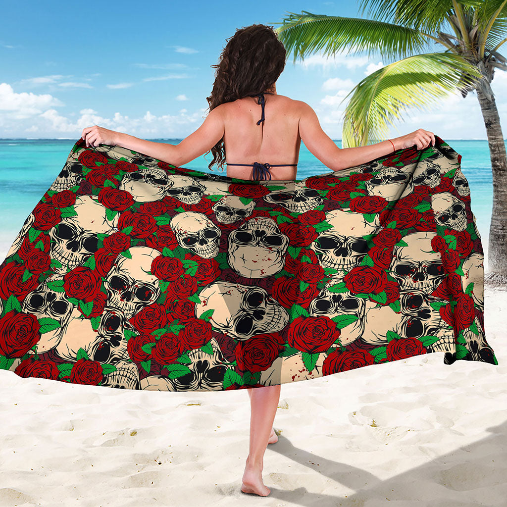 Red Rose Skull Pattern Print Beach Sarong Wrap