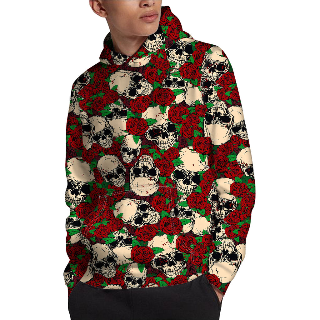 Red Rose Skull Pattern Print Pullover Hoodie