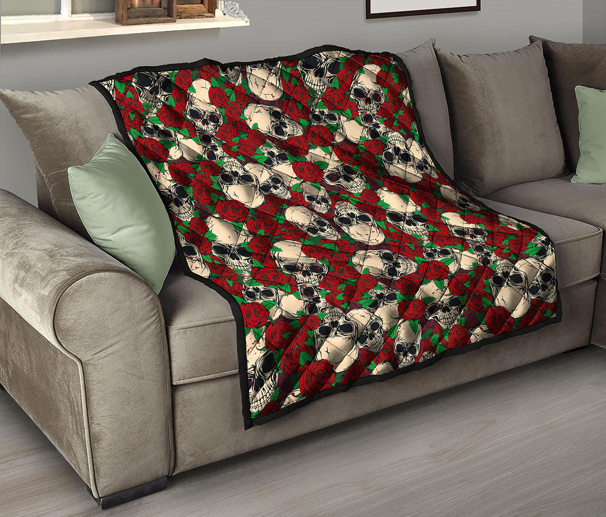 Red Rose Skull Pattern Print Quilt